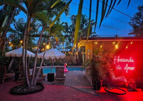 Patio, Night, Pool view, Swimming pool, sunbed