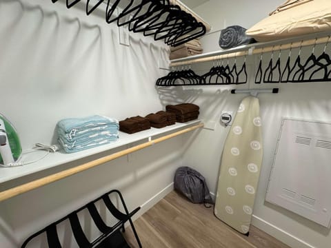 flat iron, towels, wardrobe