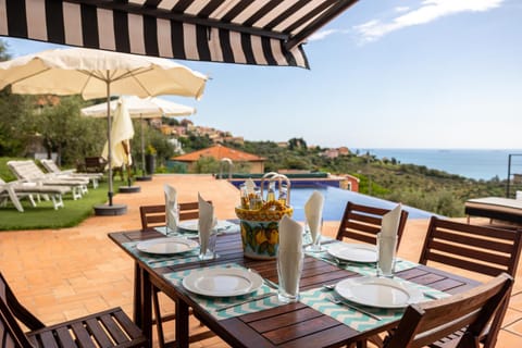 Patio, Spring, Day, Natural landscape, View (from property/room), Dining area, Pool view, Sea view, Swimming pool, sunbed