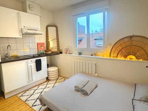 Bed, Kitchen or kitchenette, Photo of the whole room, Dining area, Bedroom, stove
