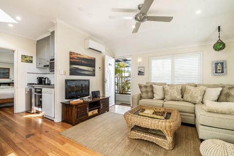 Living room, fireplace, kitchen