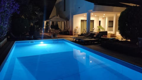 Property building, Night, Summer, View (from property/room), Decorative detail, Garden view, Pool view, Swimming pool