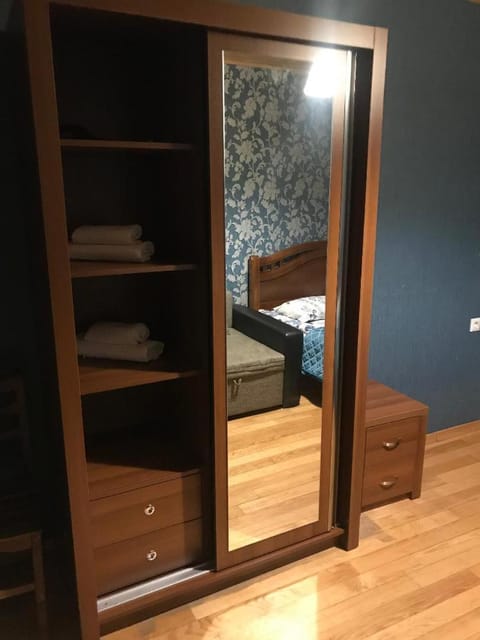 Bed, wardrobe