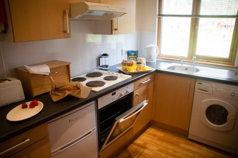 Kitchen or kitchenette, stove, toaster, washing machine, dryer