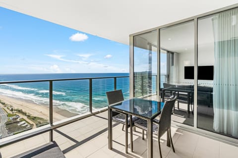 View (from property/room), Balcony/Terrace, Seating area, Beach, Sea view