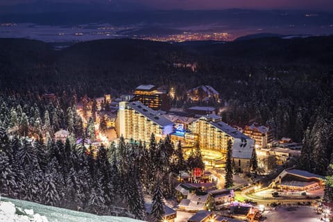 Facade/entrance, Night, Natural landscape, Bird's eye view, Winter, On site, Mountain view