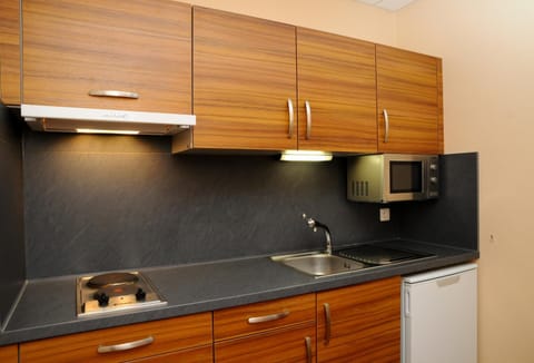 Kitchen or kitchenette, microwave, stove