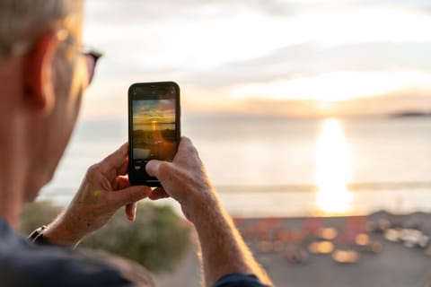 Bird's eye view, View (from property/room), Balcony/Terrace, Sea view, Sunset, Quiet street view