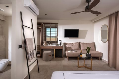 Bed, TV and multimedia, Seating area, Dining area, Bedroom, fireplace, hair dresser, wardrobe, air conditioner