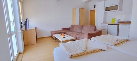 Bed, TV and multimedia, Kitchen or kitchenette, Photo of the whole room, Seating area, Bedroom, stove, air conditioner