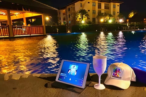 Night, Pool view, Swimming pool, Drinks