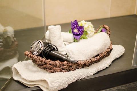 Bathroom, Decorative detail, hair dryier, towels