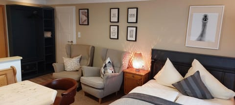 Bed, Living room, Seating area, Bedroom