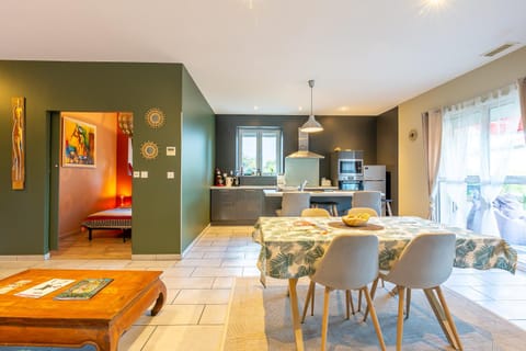 Dining area, stove, kitchen