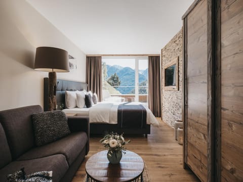 Bed, Natural landscape, TV and multimedia, Living room, Photo of the whole room, Seating area, Bedroom, Mountain view