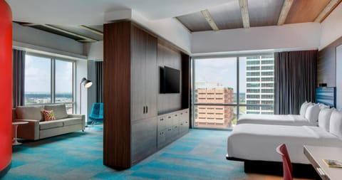 Bed, Living room, Seating area, City view