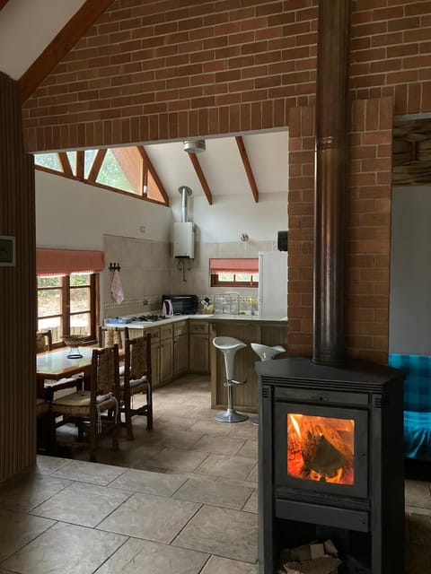 Living room, fireplace, kitchen