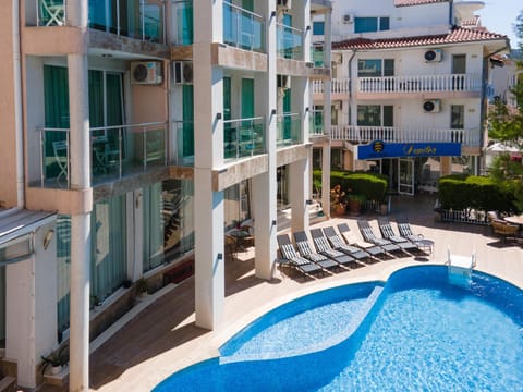 Property building, Patio, Swimming pool, sunbed