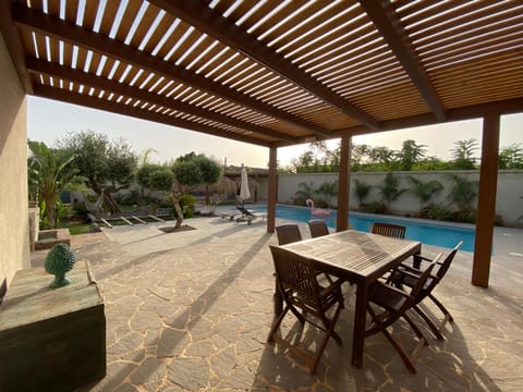 Patio, Dining area, Pool view