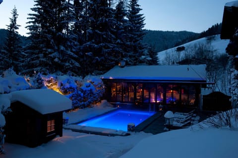 Property building, Night, Natural landscape, Winter, Mountain view, Pool view, Swimming pool