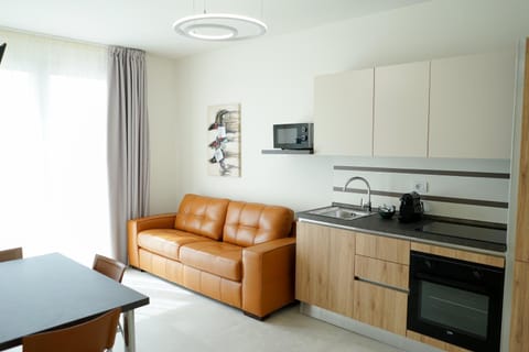 Kitchen or kitchenette, Living room, Seating area, Dining area