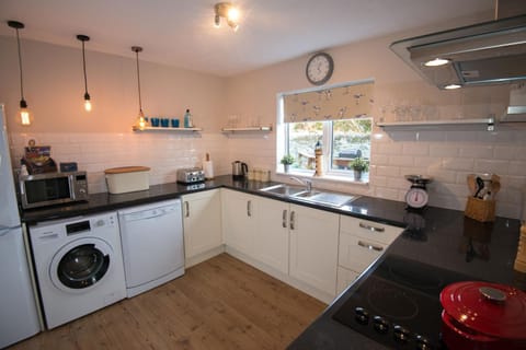 Kitchen or kitchenette, dishwasher, oven, stove, toaster, washing machine