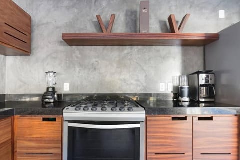 Kitchen or kitchenette, stove