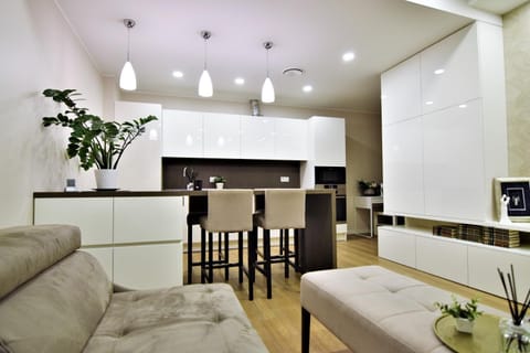 Kitchen or kitchenette, Living room, Seating area, Dining area