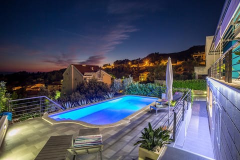 Night, View (from property/room), Pool view, Swimming pool, sunbed