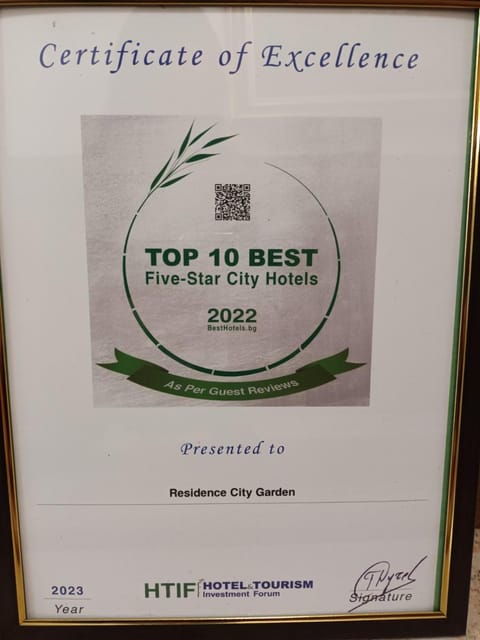 Residence City Garden - Certificate of Excellence 3rd place in Top 10 BEST Five-Stars City Hotels for 2023 awarded by HTIF Hôtel in Plovdiv