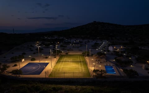 Night, Natural landscape, Bird's eye view, Tennis court, Mountain view, Pool view, Swimming pool