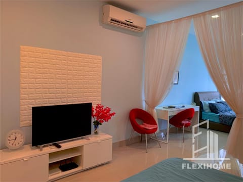 Bed, TV and multimedia, Living room, Seating area, air conditioner