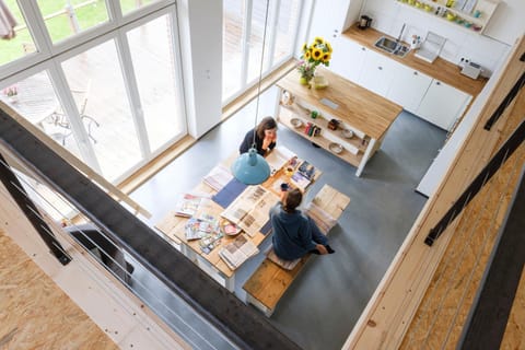 Bird's eye view, Living room, Dining area, group of guests