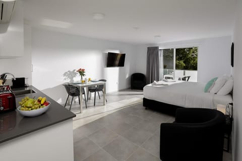 Bed, TV and multimedia, Kitchen or kitchenette, Photo of the whole room, Seating area, Dining area, Bedroom