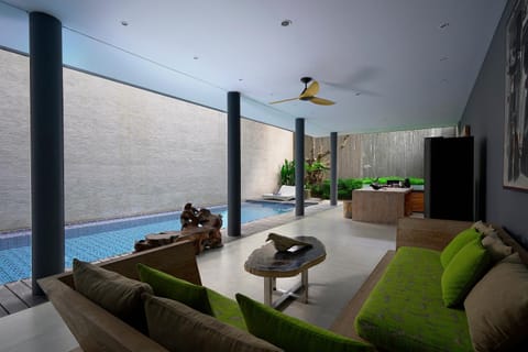 Living room, Seating area, Pool view