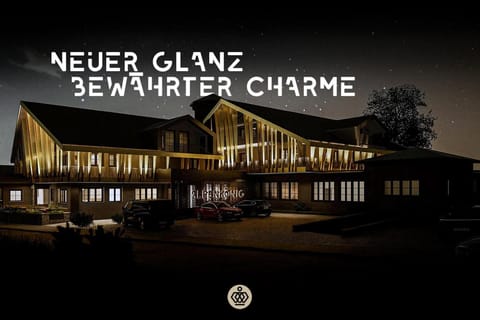 Property building, Facade/entrance, Night, Logo/Certificate/Sign, Text overlay