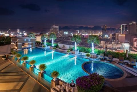 Night, City view, Pool view, Swimming pool