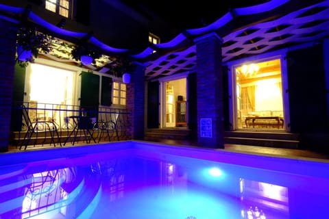 Property building, Night, Pool view, Swimming pool, Inner courtyard view