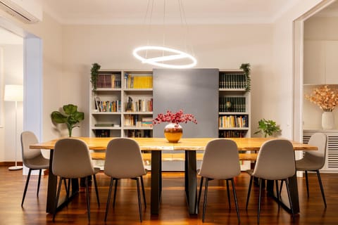 Library, Living room, Seating area, Dining area