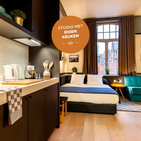 Kitchen or kitchenette, Living room, Seating area, Bedroom