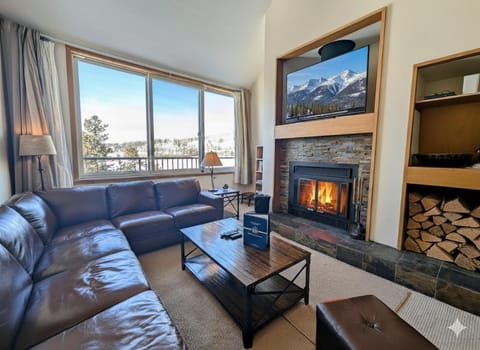 Day, Winter, TV and multimedia, View (from property/room), Living room, Seating area, Mountain view, fireplace, furniture