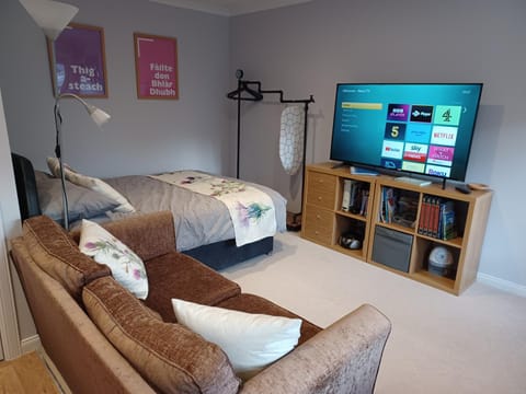 Bed, TV and multimedia, Living room, Seating area, Bedroom