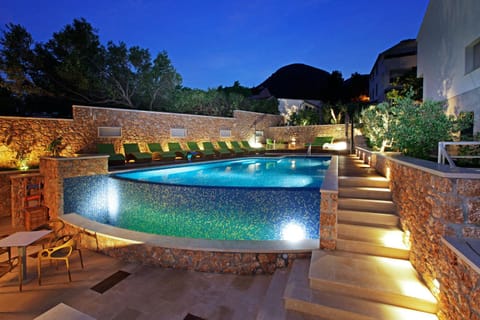 Patio, Night, Natural landscape, Pool view, Swimming pool, Swimming pool, sunbed