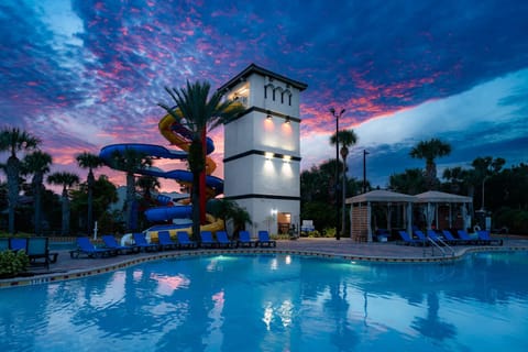 Aqua park, Swimming pool, Sunset