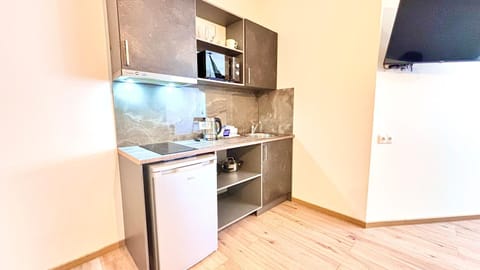 Kitchen or kitchenette, microwave, stove