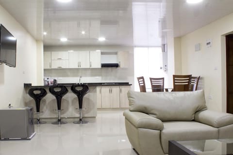 Kitchen or kitchenette, Living room, Seating area, Dining area