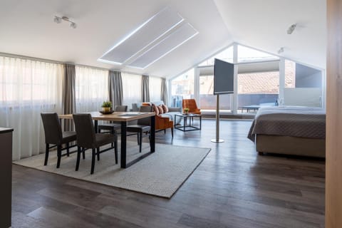 Bed, TV and multimedia, Living room, Seating area, Dining area, Bedroom