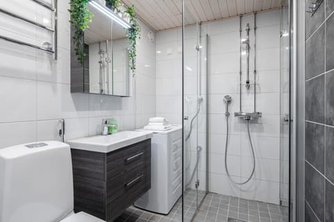 Shower, Bathroom, bidet, towels, washing machine