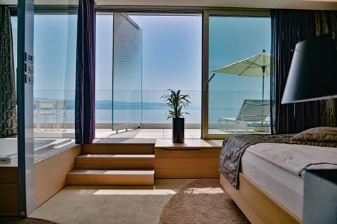 Bed, Day, Hot Tub, View (from property/room), View (from property/room), Balcony/Terrace, Decorative detail, Bedroom, Sea view, sunbed