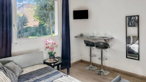 Bed, TV and multimedia, Living room, Seating area, Dining area, Garden view